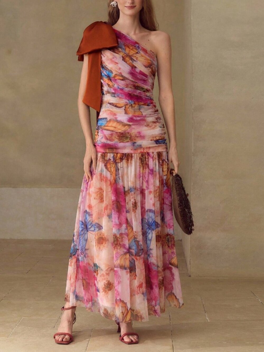 Multicolor Romantic Elegant Women's Mesh Print Asymmetric Bowknot Maxi Dress